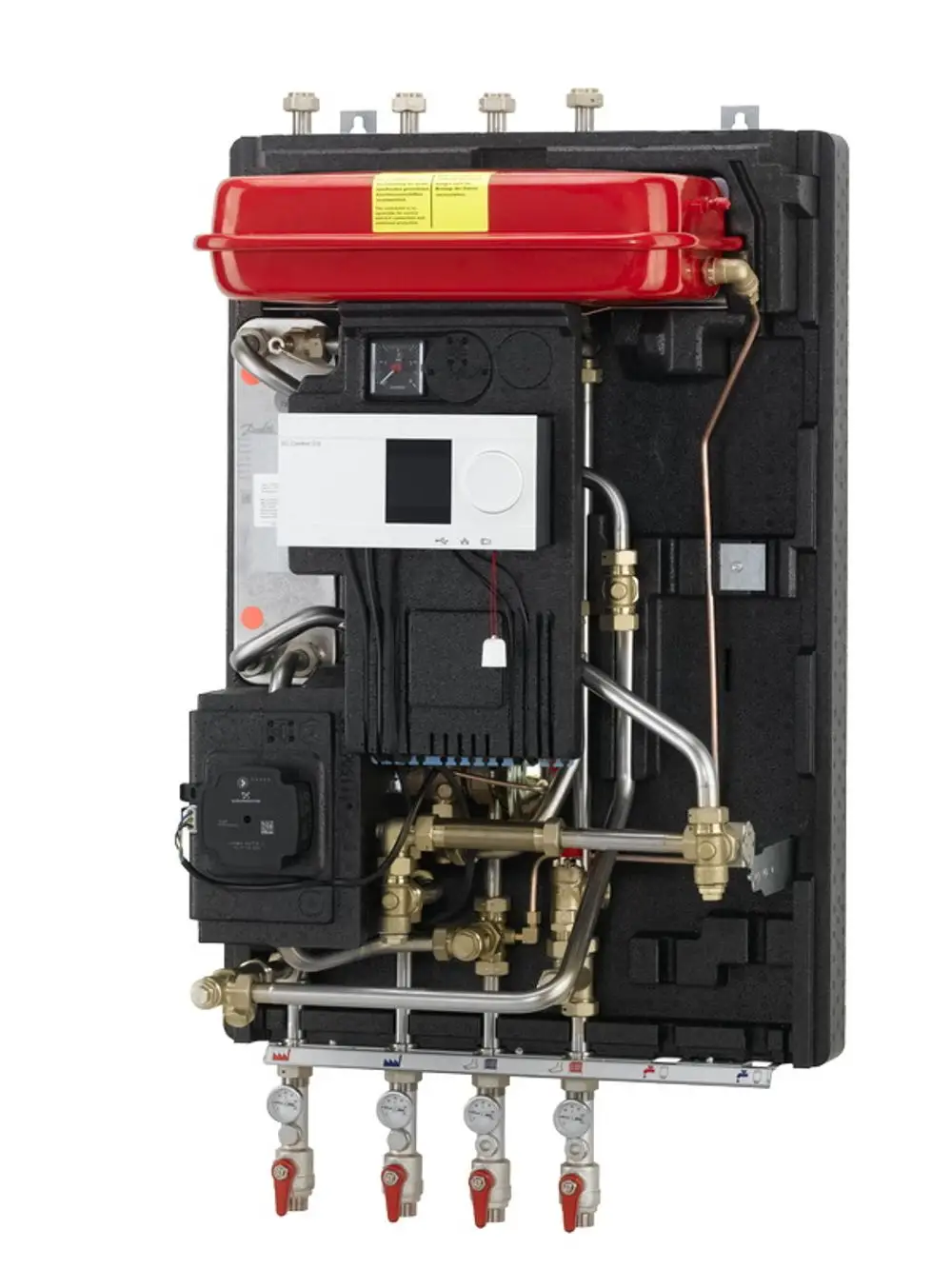 Hausstation mit mehreren Ventilen, Druckmessgeräten und Steuerungselementen, montiert auf einer Platte, hergestellt von Danfoss. Enthält Anschlüsse für Heizungsanwendungen.